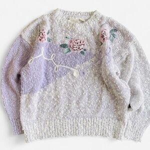 Vintage Needles and Yarn Purple Lilac Sweater with Floral Flowers Appliqués L